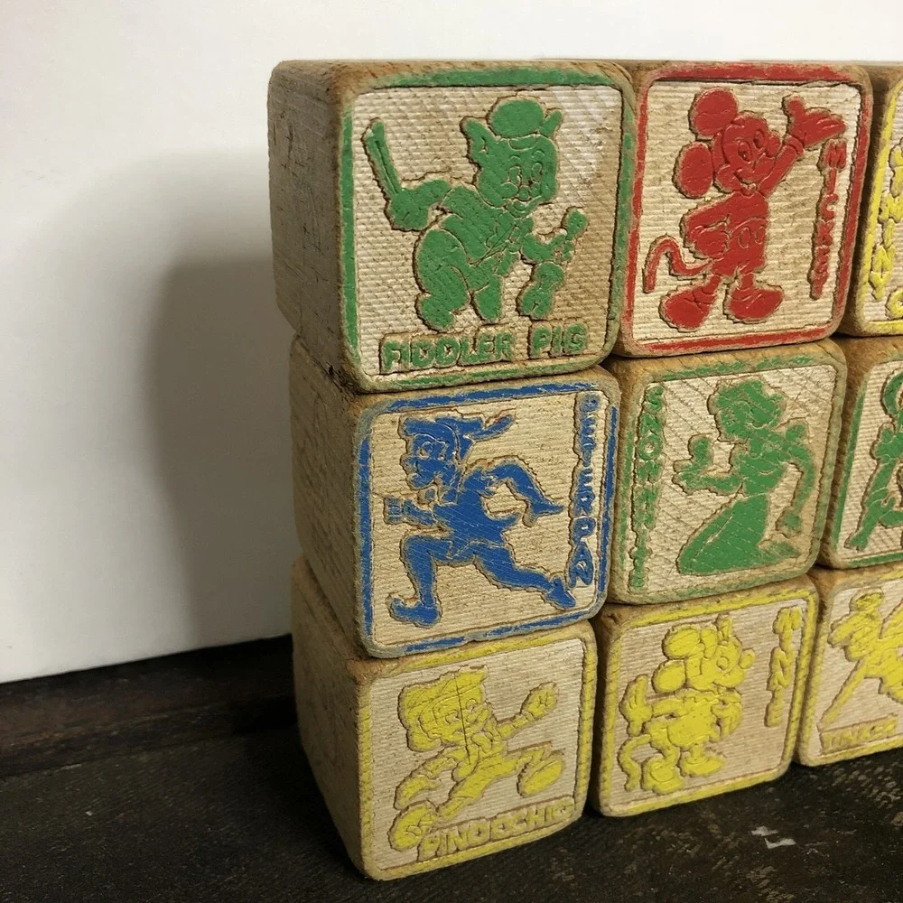 Vintage Alphabet Letters Animals Objects Disney Wood Toy Blocks Lot of 12